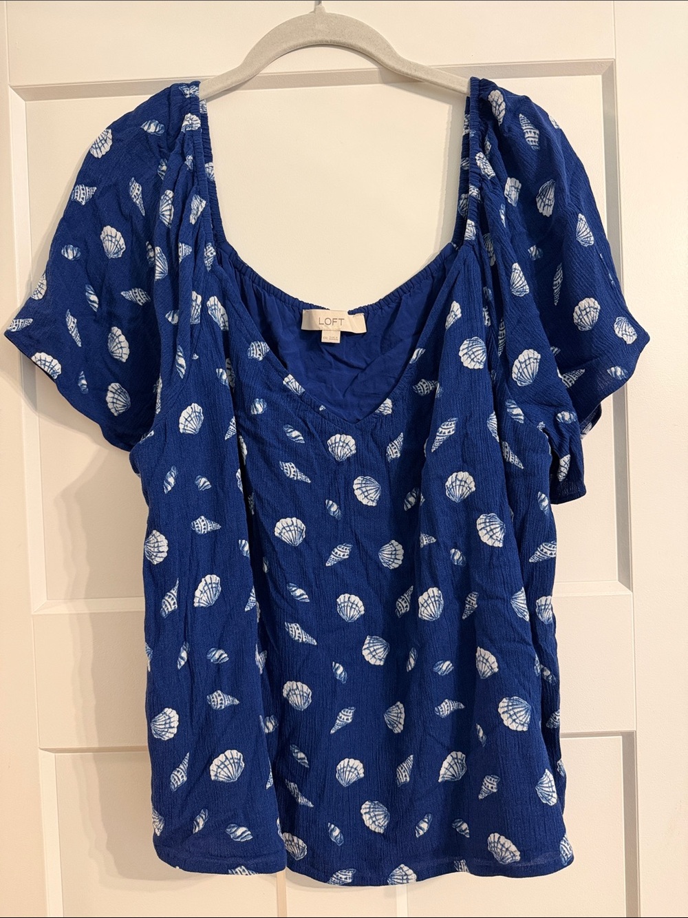 LOFT Royal Blue Shell-Print Short-Sleeve Blouse